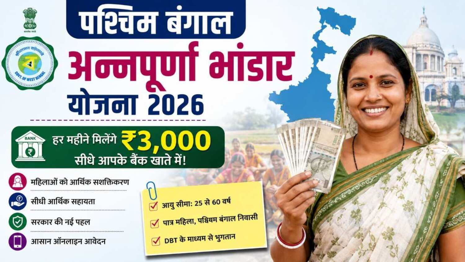 पश्चिम बंगाल अन्नपूर्णा भंडार योजना 2026 महिलाओं को हर महीने ₹3,000, जानें कौन उठा सकता है लाभ