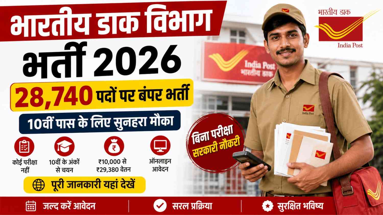 भारतीय डाक विभाग भर्ती 2026 10वीं पास के लिए बंपर सरकारी नौकरी, जानें आवेदन से लेकर चयन तक पूरी जानकारी